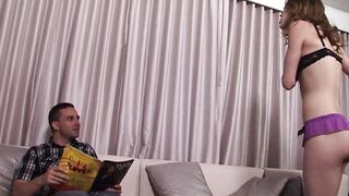 Bro gets BLOWJOB and plows Cutie dark haired with amazingly hot titted into heels inside living room