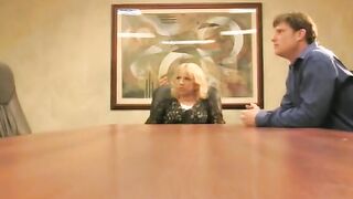 Elder blonde and stud bro double team teenagers on table pounding her cunt