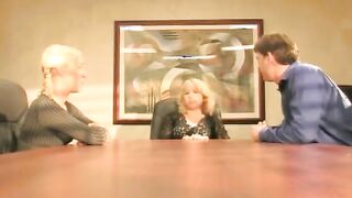 Elder blonde and stud bro double team teenagers on table pounding her cunt