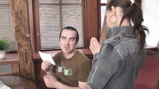 Smart man bangs slim friends GF on the table