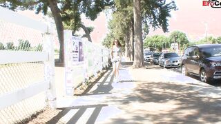 Slender dark hair bimbo with tiny hooters pick up at the street
