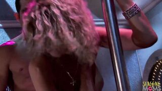 Lusty blonde girls fucking with 2 men into the strip club