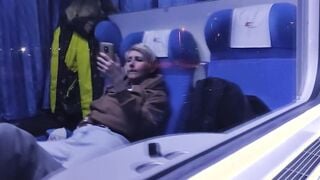 Masturbation inside the outdoor train. Titties and Orgasm!