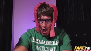 FAKEhub - Girls sleepover night heats up when young brother and his weird old geeky friend try to nailed the freaky blonde British gf giving her a double dicking orgasm and a jizzed