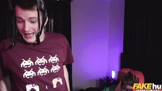 FAKEhub - Girls sleepover night heats up when young brother and his weird old geeky friend try to nailed the freaky blonde British gf giving her a double dicking orgasm and a jizzed