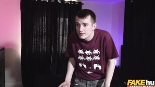 FAKEhub - Girls sleepover night heats up when young brother and his weird old geeky friend try to nailed the freaky blonde British gf giving her a double dicking orgasm and a jizzed