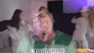 FAKEhub - Girls sleepover night heats up when young brother and his weird old geeky friend try to nailed the freaky blonde British gf giving her a double dicking orgasm and a jizzed
