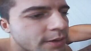 3 buff studs got fellatio from a Cutie dark hair whore then fucks her