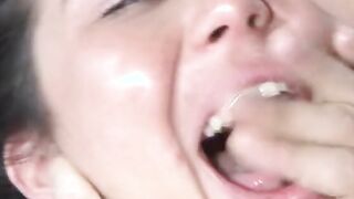 Young coeds with no boobs grab at massive penis and got fuck on bed