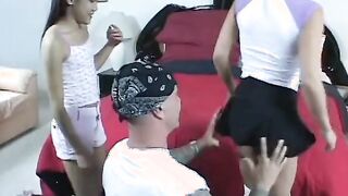 Young coeds with no boobs grab at massive penis and got fuck on bed