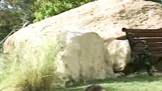 Blond skank takes double penetration during three-way inside public park then gets facial