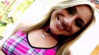 Thin blonde with tiny titties during an mmf cummed three-way outdoors