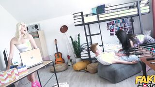 Fake Hostel - College teen Wild Nicol and Marilyn Sugar inside vulgar 3 way with red head teenage geeks who jizzes twice after copying his exam answers