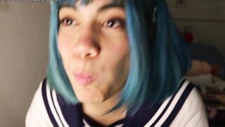 Deep throat: college girl slips a whole banana inside her mouth.