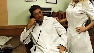 Experienced blonde nurse with huge melons exactly knows how she can help surgeon before difficult and