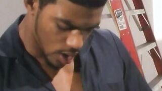 Buff ebony guy slips his penis deep in dark haired whores snatch from behind