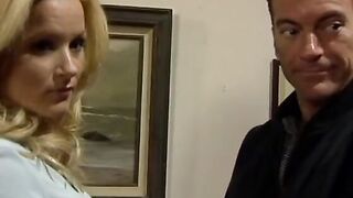 Stud fucking and creaming 2 twat licking bimbos inside fishnet into FFM threeway