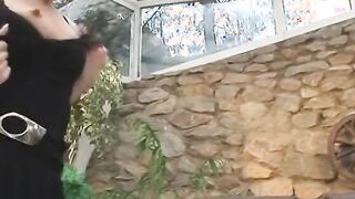 Bombshell whore wearing gorgeous ebony tights gets a cock fucking her tight anus