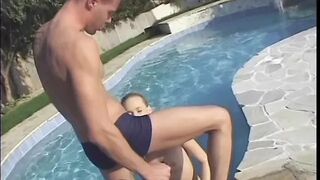 Blonde on leash plowed inside pool