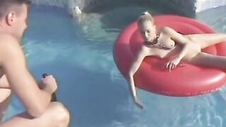 Blonde on leash plowed inside pool