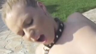 Blonde on leash plowed inside pool