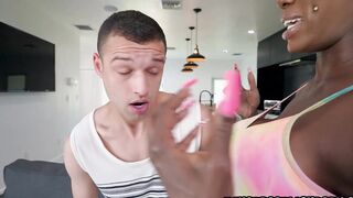 African mom squeezes her stepson's face between her hooters