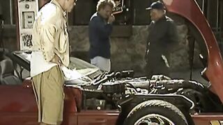 Classic dark hair with long boobies blows and fucks dudes by the vehicle