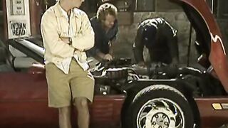 Classic dark hair with long boobies blows and fucks dudes by the vehicle