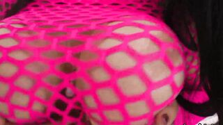 Down on the floor, Nacho Vidal crams his boner inside the big titted, raven-haired skank's bald vagina, thrusting relentlessly and letting her strokes on his long cock.