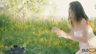 OLD4K. beauty blows older penis and gets it into her small twat outdoor