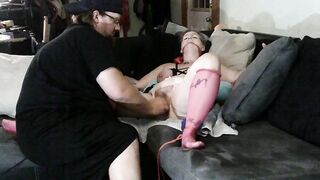 Pinklippedprincess bound and gagged to the couch cum view the fun .