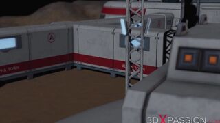 3d alien monster plays with a young woman into the Mars base camp