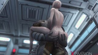 3d alien monster plays with a young woman into the Mars base camp