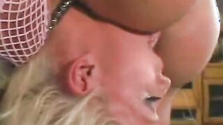 Hottie blonde with huge hooters takes it inside the booty on couch