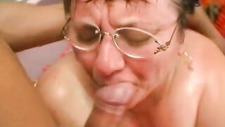 Fat granny gets 2 dicks inside her and cum on her reading glasses