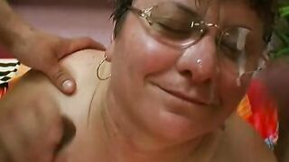 Fat granny gets 2 dicks inside her and cum on her reading glasses
