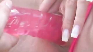 Bikini coeds vibrator boned their sweet pussies by the pool then hunk comes to join them