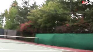 Dark Haired and blonde tennis barely legal make three-way ffm public