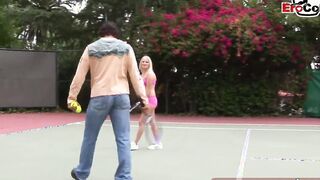 Dark Haired and blonde tennis barely legal make three-way ffm public
