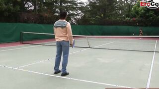 Dark Haired and blonde tennis barely legal make three-way ffm public