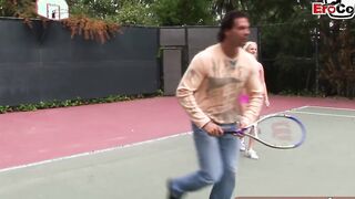 Dark Haired and blonde tennis barely legal make three-way ffm public