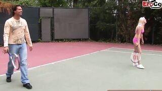 Dark Haired and blonde tennis barely legal make three-way ffm public