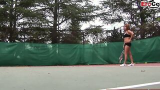 Dark Haired and blonde tennis barely legal make three-way ffm public