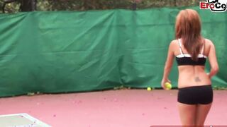 Dark Haired and blonde tennis barely legal make three-way ffm public