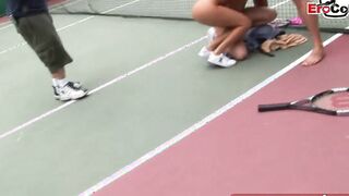 Dark Haired and blonde tennis barely legal make three-way ffm public