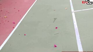Dark Haired and blonde tennis barely legal make three-way ffm public