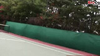 Dark Haired and blonde tennis barely legal make three-way ffm public