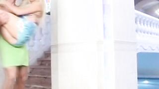 Blonde women gets rammed by indoor pool