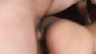 Lucky stud cracks young slender dark haired's asshole open on a red couch