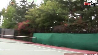 Dark Haired and blonde tennis eighteen doing 3 way ffm public